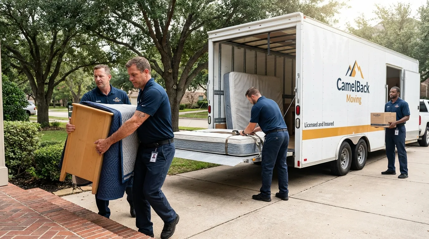 Crew loading residential truck for cross-state move from Belfield, ND