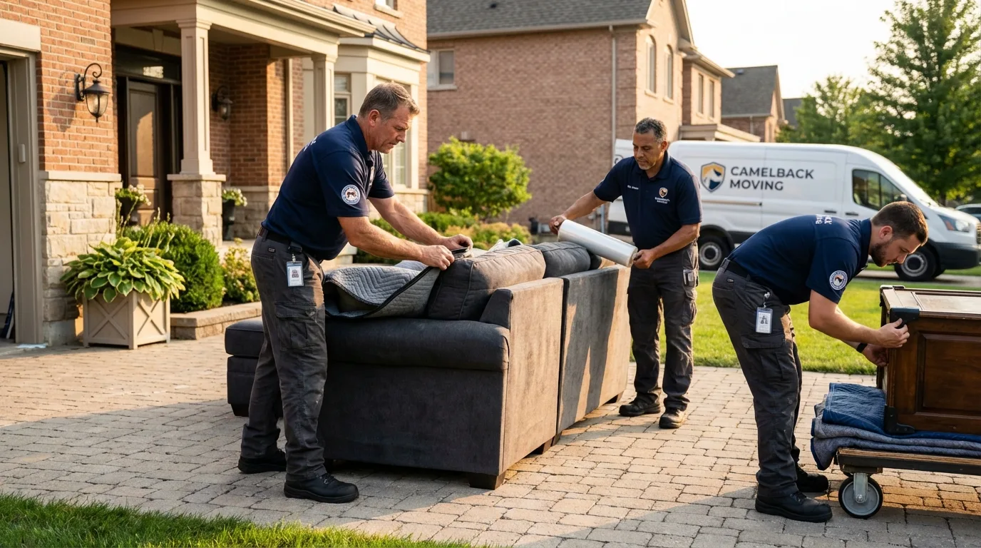 Large estate moving crew wrapping furniture in Belfield, ND