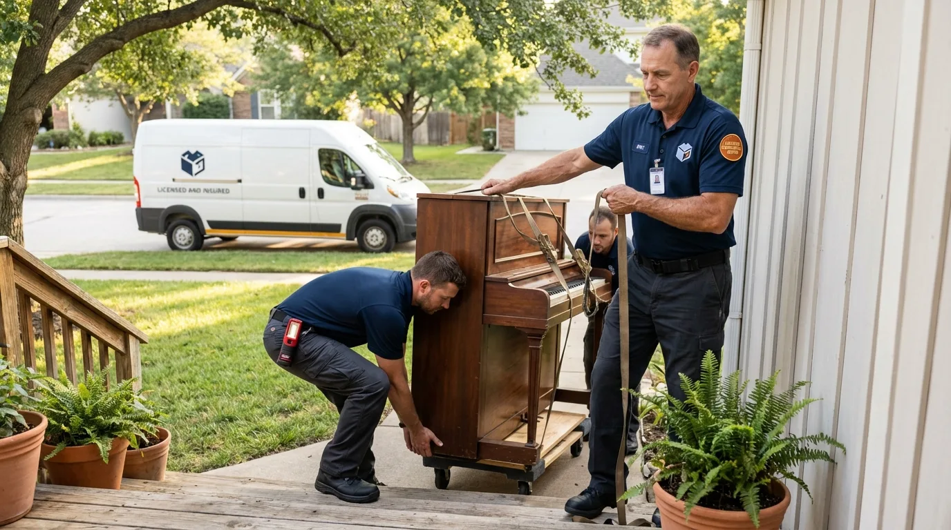 Licensed piano movers securing grand piano in Belfield, ND