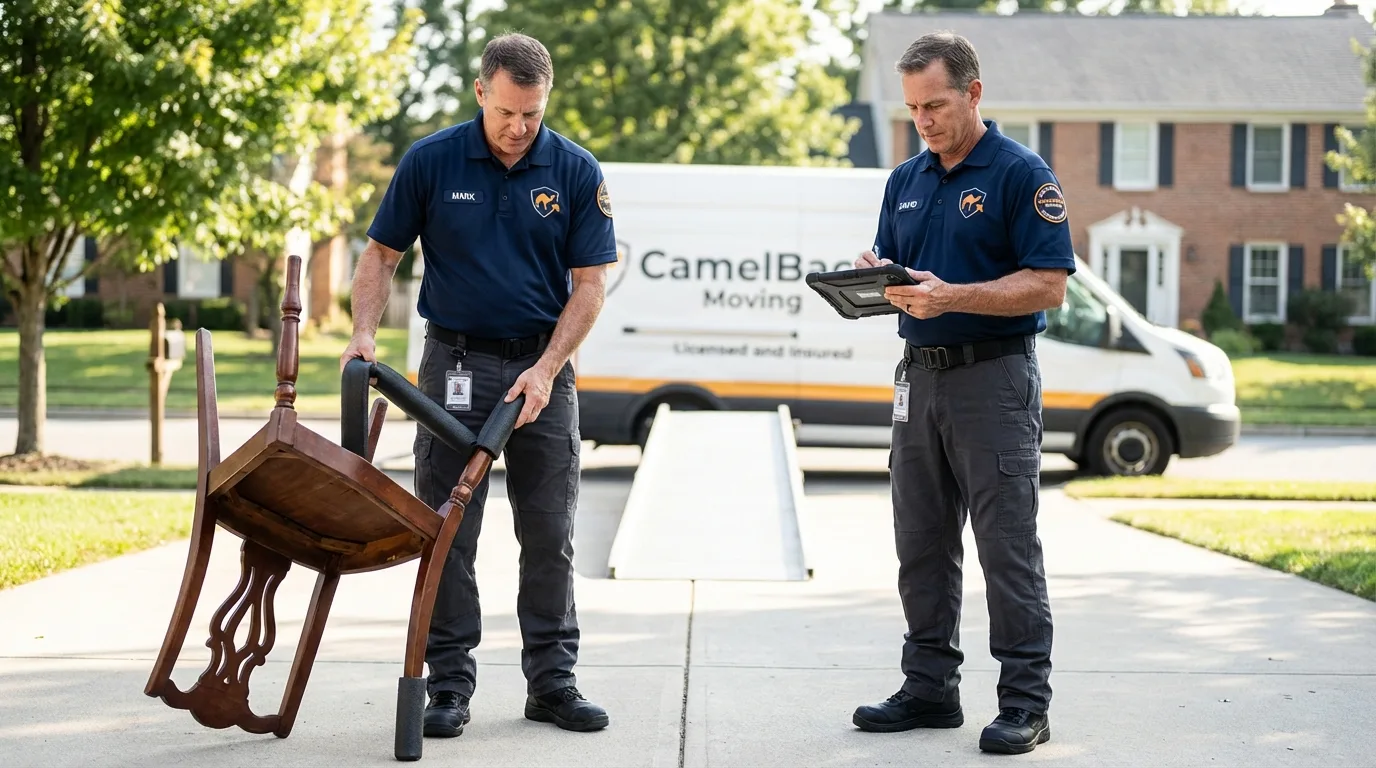 Movers inspecting furniture for damage prevention before loading in Belfield, ND