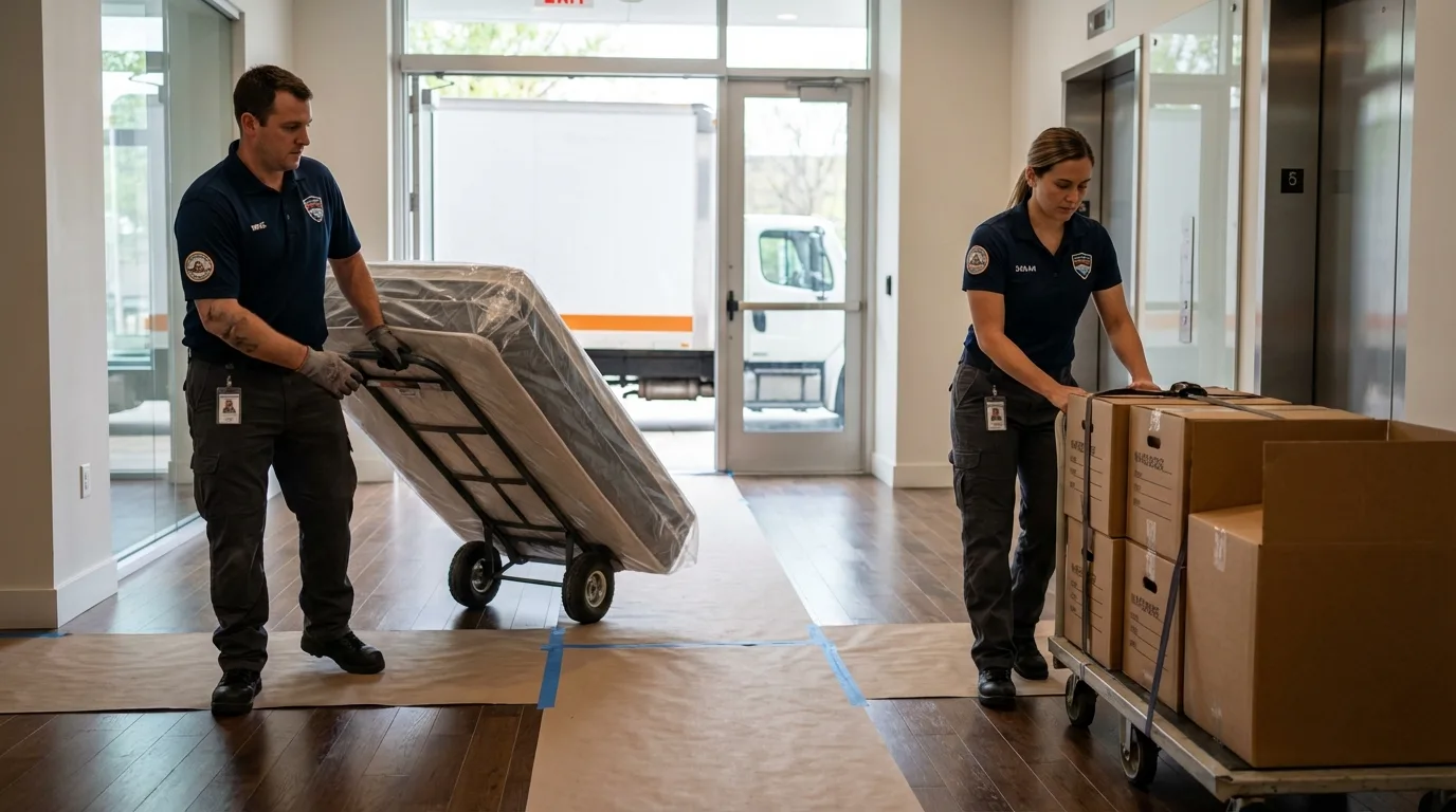 Professional apartment movers loading elevator in Belfield, ND