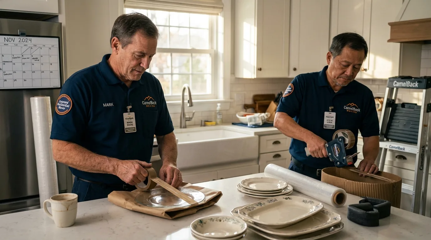 Professional crew packing kitchen dishware in Belfield, ND